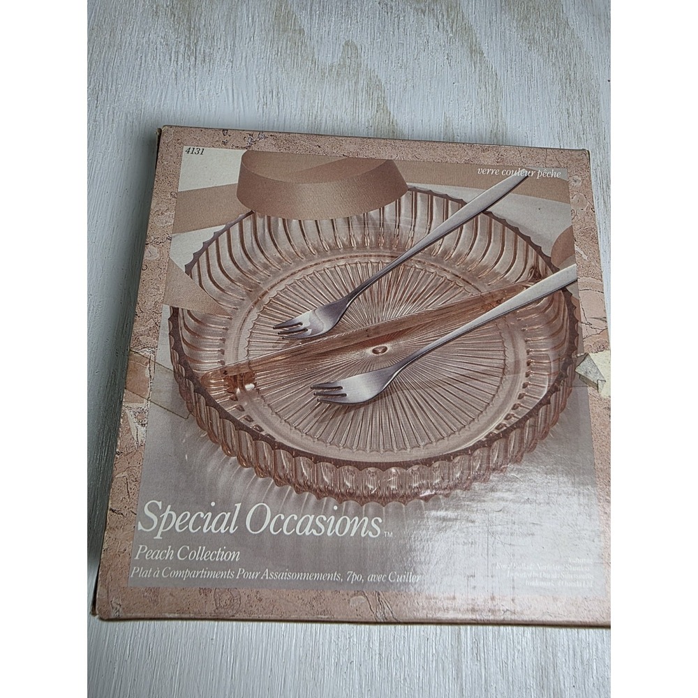 Indiana GlassCollection Pink Peach Divided Relish Dish With Forks New Vintage